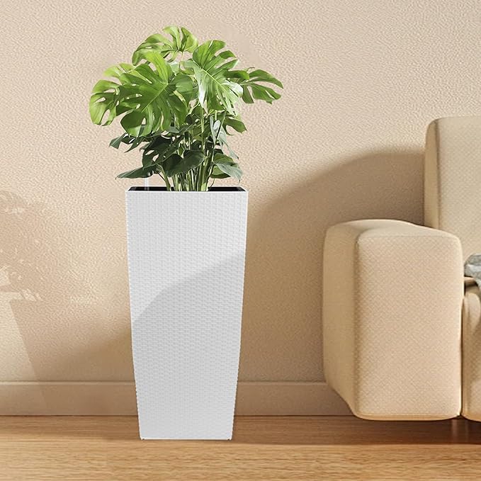 IndoorOutdoor Faux Rattan Square Planter 30 Inch White Plastic Large Planter with Automatic Watering System for Home and G(White 30 Inch 1)