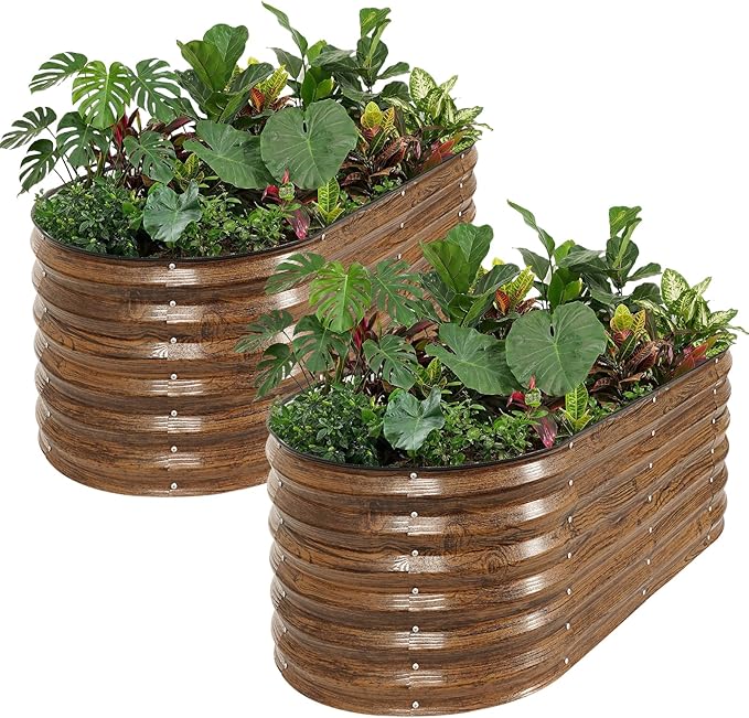 ZORMY Galvanized Raised Garden Bed Outdoor- 2PCS 4x2x1.4ft Oval Steel Raised Beds for Gardening Metal Planter Box with Protective Strip and Gloves for Vegetables Flowers Fruits(Brown)