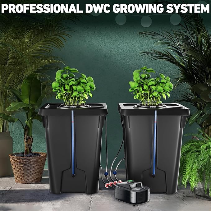 2 Buckets DWC Hydroponics Grow System with Top Drip Kit 7 Gallon Deep Water Culture with Air Pump Air Stone Air Hose Recirculating Drip Garden System