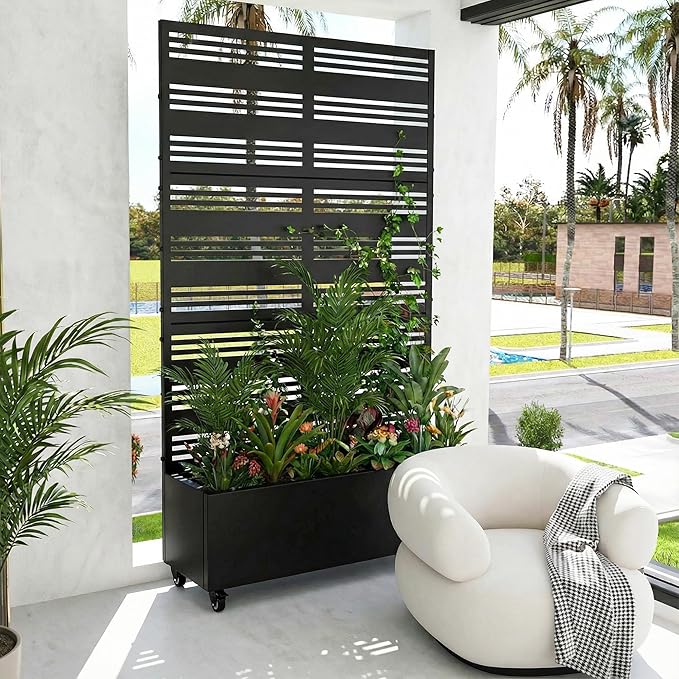 Casaphoria Metal Raised Garden Bed with Trellis and Wheels 72x47x16 Planter Box for Climbing Plants Vegetables &amp Vines Features Drainage Holes and Privacy Screen (Black-Harold)