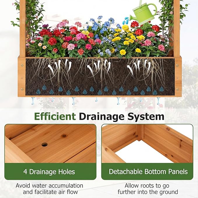 HAPPYGRILL Raised Garden Bed with Trellis &amp Hanging Roof 45 Tall Wooden Planter Box with Drainage Holes Outdoor Wood Elevated Garden Bed for Climbing Plants Vines Vegetables Flowers (Orange2)