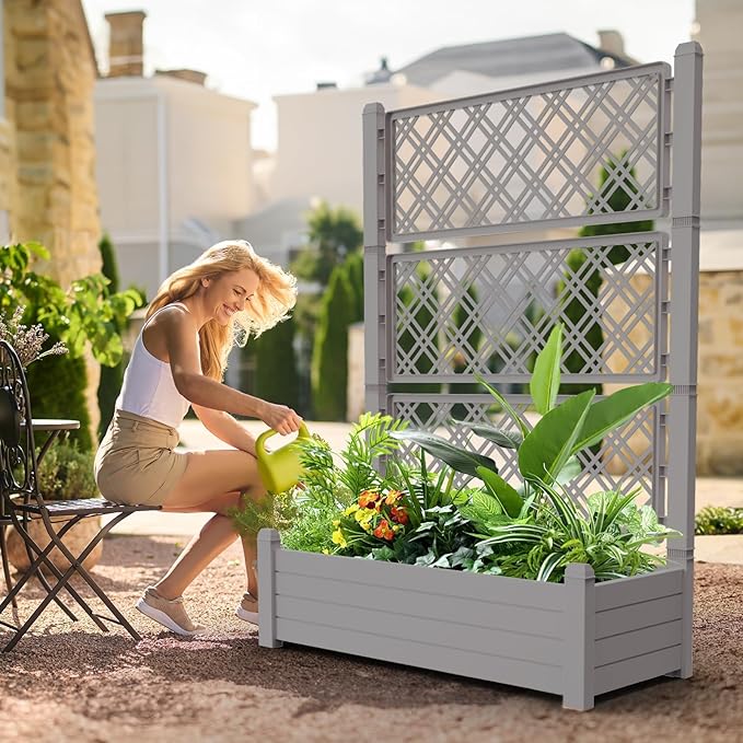 Raised Garden Bed with Trellis for Climbing Plants 43.43 L x 18.27 W x 59.29 H Self Watering Planter Box with Drainage Holes for Outdoor Backyard Patio Balcony Anti-Rust Resin (Grey)