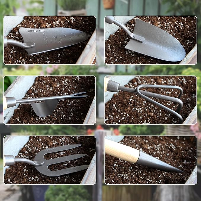 Japanese Gardening Tools Set 6 Pcs Garden Tools Set Black Painted Stainless Steel Heavy Duty Gardening Tools Kit Hand Trowel Dibble Hand Rake Weeder Transplanter and Hand Folk…