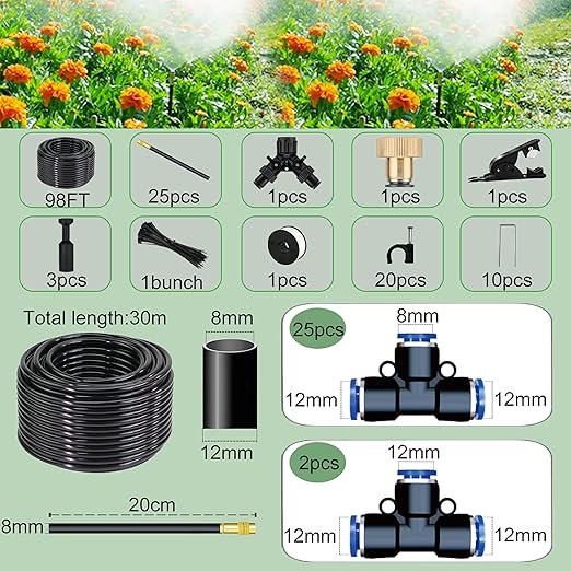 98 Ft Drip Irrigation System360°Bendable Drip Irrigation Kit25 Nozzles and 27 Quick ConnectorsAutomatic Garden Irrigation SystemAdjustable Atomizing System for Plants GreenhouseYardLawn
