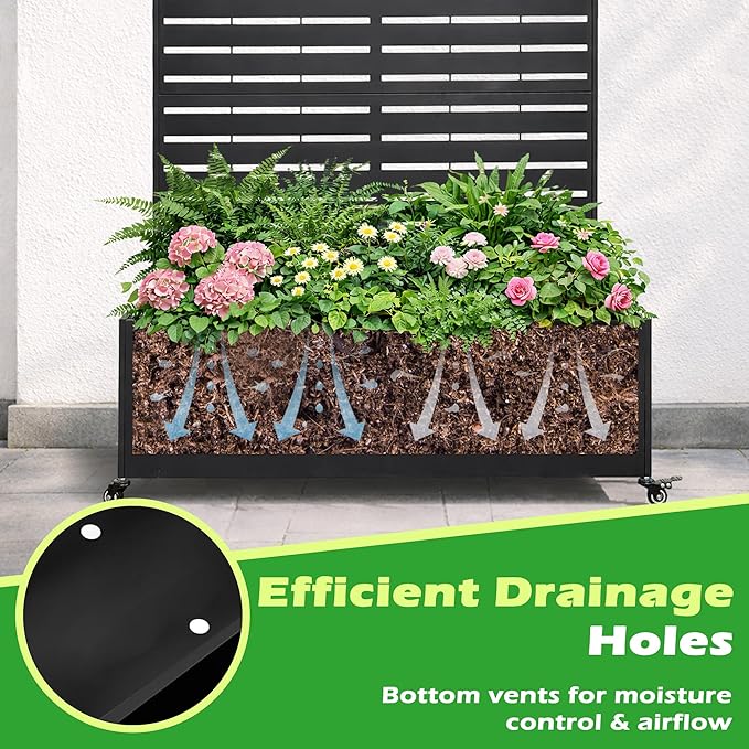 Metal Planter Box with Trellis 43” L x 16” W x 71” H Raised Garden Bed with Wheels Privacy Planters for Patio Metal Planter Box with Drainage Holes Black