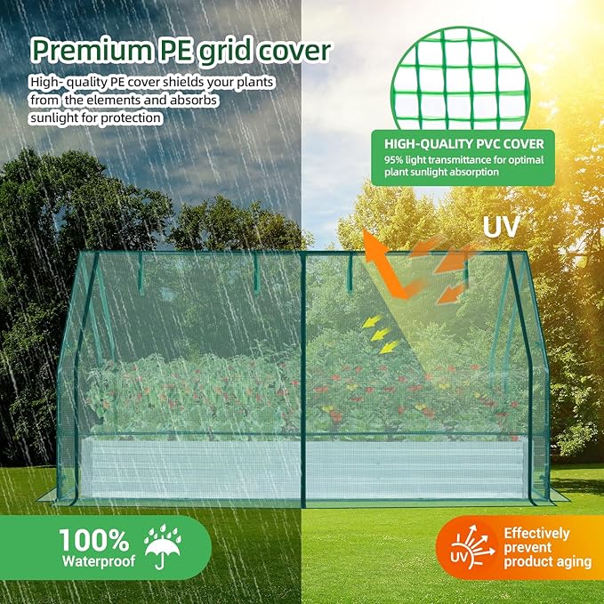 Ohuhu Raised Garden Bed with Greenhouse Cover 8x4x1 FT Galvanized Metal Planter Box Outdoor with PE Cover 4 Doors for Ventilation 3-in-1 Gardening Set for Vegetable Flower Herb Succulent