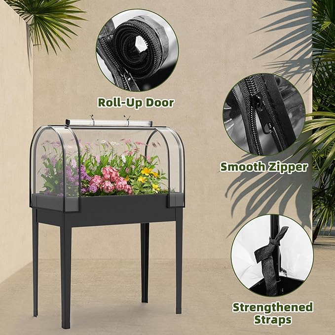 Raised Garden Bed with Cover and Legs Large Metal Elevated Growing Planter Box for Outdoor Vegetables and Flowers Black