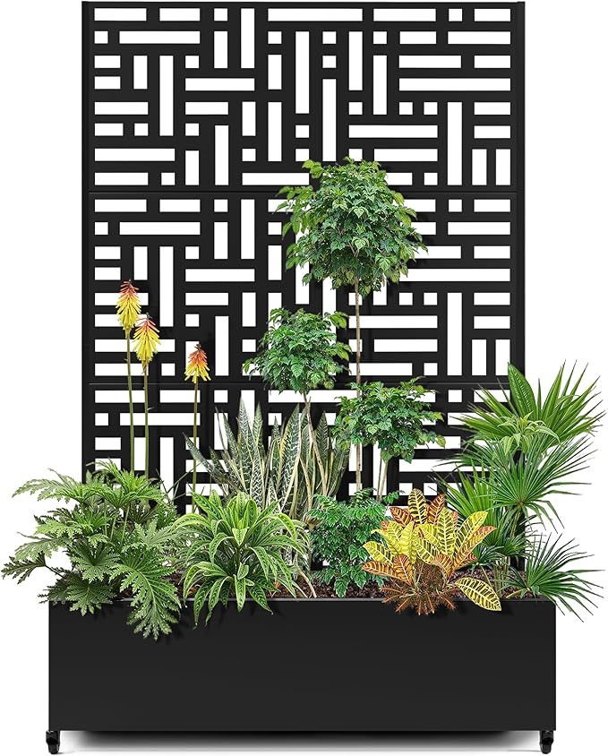 Metal Trellis Planter Box for Patio Large Raised Garden Bed with Trellis and Wheels Outdoor Privacy Planters for Climbing Plants Features Drainage Holes and Privacy Screen (47 L Black Helen)