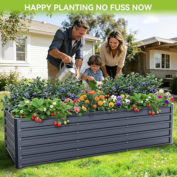 Ohuhu 8x3x1.9FT Metal Raised Garden Bed Outdoor Reinforced Galvanized Steel Rustproof Planter Box 100% Non-Toxic 341 Gal Large Capacity Heavy Duty Raised Beds for Growing Vegetables Flowers Herbs