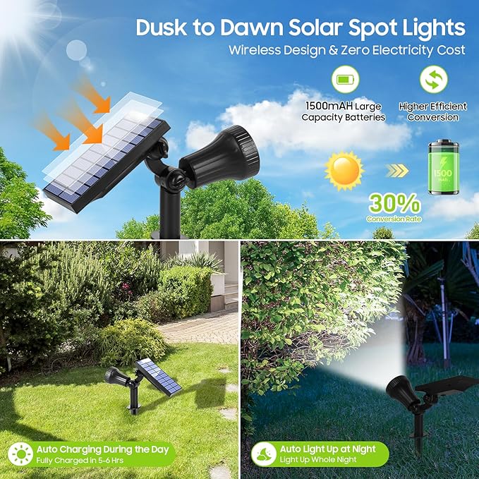 Bosceos 6-Pack Solar Spotlights for Outside with 30LEDs &amp 3 Modes Solar Lights Outdoor Waterproof Dusk to Dawn Landscape Lighting Pathway Lights for Yard Garden Tree Flag Sculpture(Cool White)
