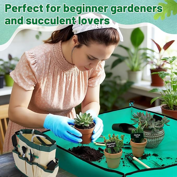 44pcs Small Gardening Tools Gifts for Women Beginners - Garden Hand Tools Set for Indoor Succulent Bonsai Plants Transplanting Included Bag/Repotting Mat/Shovel/Labels Green
