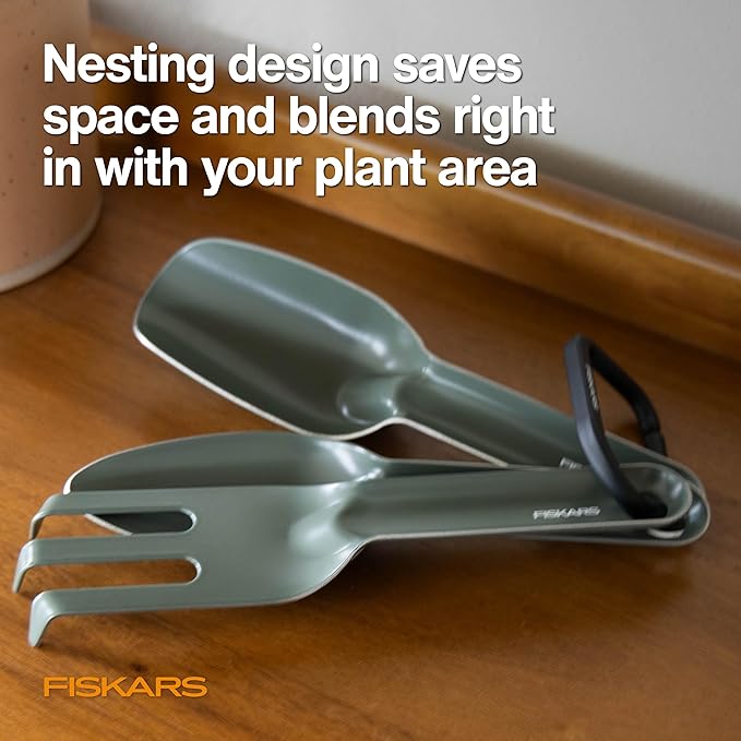 Fiskars 3-Piece Cultivating Tool Set Nesting Trowel Soil Scoop &amp Cultivator for Indoor Gardening Stainless Steel with Powder Coat Finish Space Saving Design for Repotting Houseplants Black