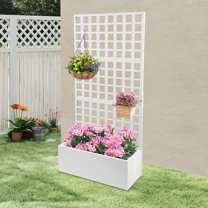 Metal Planter Box with Trellis Heavy Duty Planter with Lattice Panels Privacy Raised Garden Bed Trellis Planters Boxes for Climbing Plants Vegetables Vines 35 W X 16 D X 71 H (White)