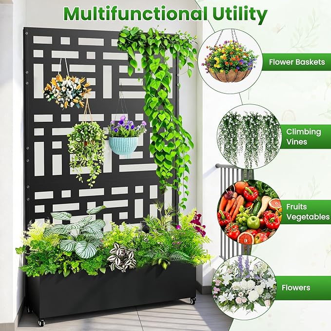 Nexum Metal Planter Box with Trellis &amp Wheels 71x47x16 Planter Boxes Outdoor with Drainage Holes Privacy Planters for Patio Balcony Backyard Poolside
