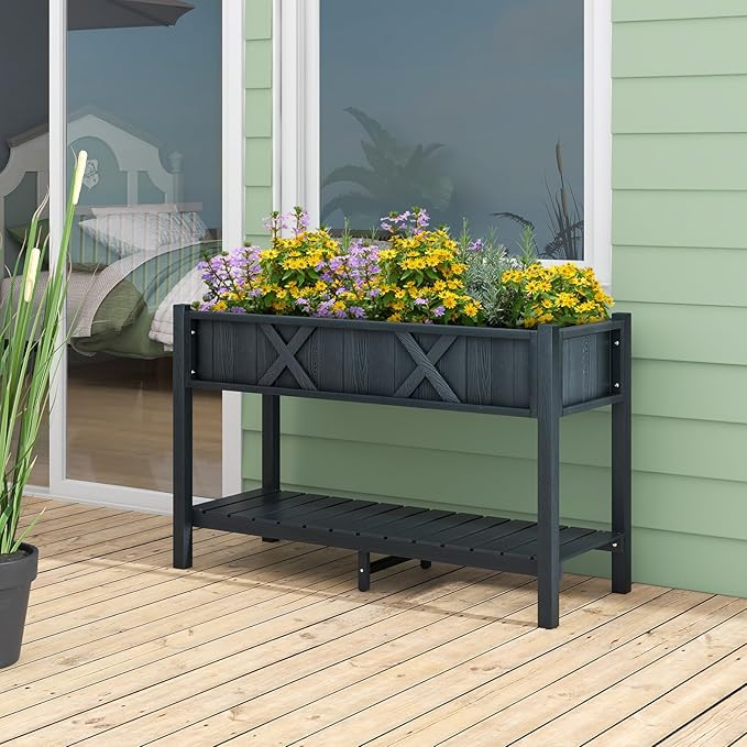 Raised Garden Bed with Legs 47 x 18 x 29 Inch Elevated Planter Box w/HIPS Frame Drainage Holes &amp Storage Shelf Standing Raised Planter for Flowers Herbs Outdoor Balcony Backyard (Black)