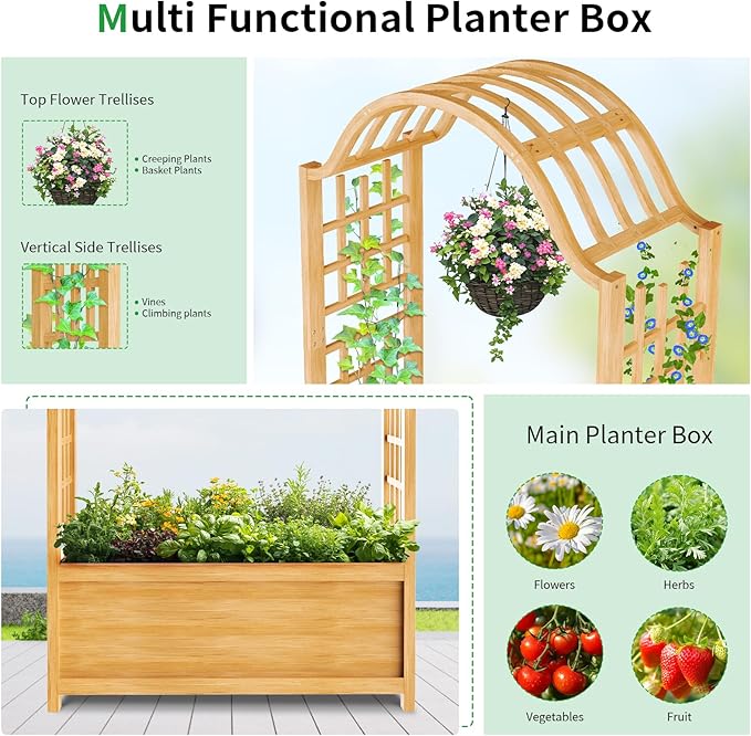 SUNYRISY Raised Garden Bed with Arch Trellis Wooden Outdoor Vertical Planter Box for Climbing Plant Vine Flowers Vegetables Planter Raised Bed with Hanging Roof and Drainage Holes