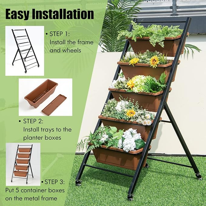 HAPPYGRILL Vertical Raised Garden Bed 5-Layer Freestanding Garden Planter with Drainage Holes Container Boxes Elevated Planter Box for Herb Vegetable Flower Growing (2 Brown)