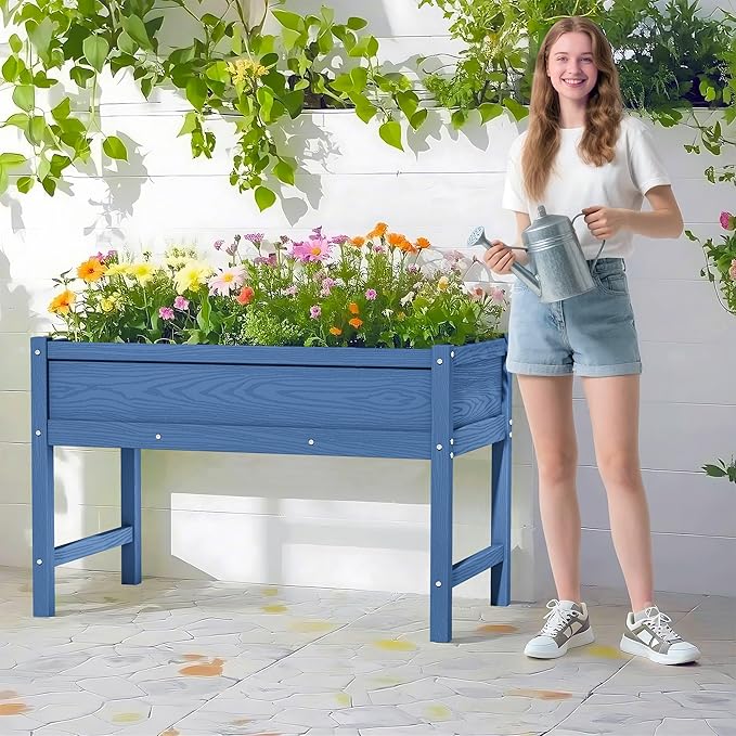 HDPE Raised Garden Planting Bed with LegsGarden Boxes Outdoor Raised with Drainage Hole Rot-ResistantRaised Beds for Gardening for Backyard Patio Balcony 300 lb Capacity (Navy)