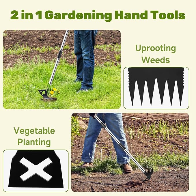 60 Weed Puller Tool with Long Handle and 17 Weeding Tools Gardening Set Dual Side Hand Weed Rake and Hoe Garden Weeder Uprooting Weed Pulling Remover Tool for Yard Patio Lawn and Garden Planting