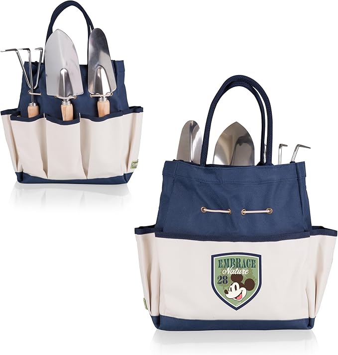 Picnic TIME Disney Mickey Mouse Garden Tote with Tool Set Durable Garden Tool Organizer Bag with 3 Hand Tools and Exterior Pockets Giftable Gardening Essential (Navy Blue with Beige Accents)