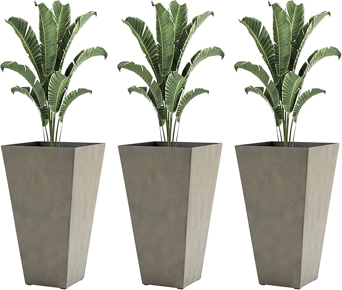 Set of 3 Tall with Drainage Hole 28 Outdoor Flower Pots Indoor for Porch Patio and Deck Gray