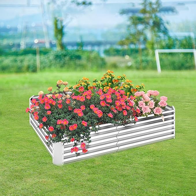 4 x 3 x 1 ft Garden Bed Galvanized Raised Covered Metal Planter Box Kit with 2 Large Screen Window Mini Greenhouse 20 T Labels Free 1 Pair Gloves for Growing Vegetables Outdoors (4 x 3 x 1 ft)