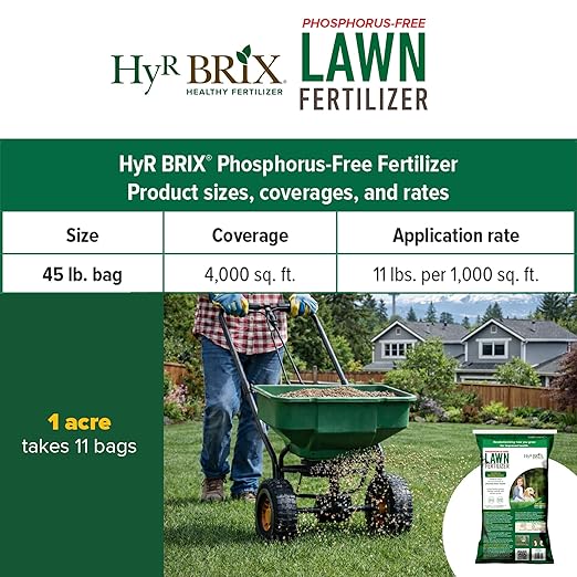 HyR BRIX Slow-Release 20-0-8 Phosphorus-Free Lawn Fertilizer 45lb Bag - Lawn Food with Calcium &amp Sulfur - Essential Micronutrients for Dense Healthy Grass - Covers 4000 Sq Ft