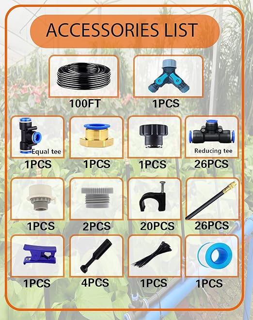 Drip Irrigation System 360 Degree Adjustable Garden Sprinkler High Output Mist Spray Nozzle for Potted Plants Easy Connect &amp Rotating Head Customizable Water Flow (100FT+26spray nozzles)