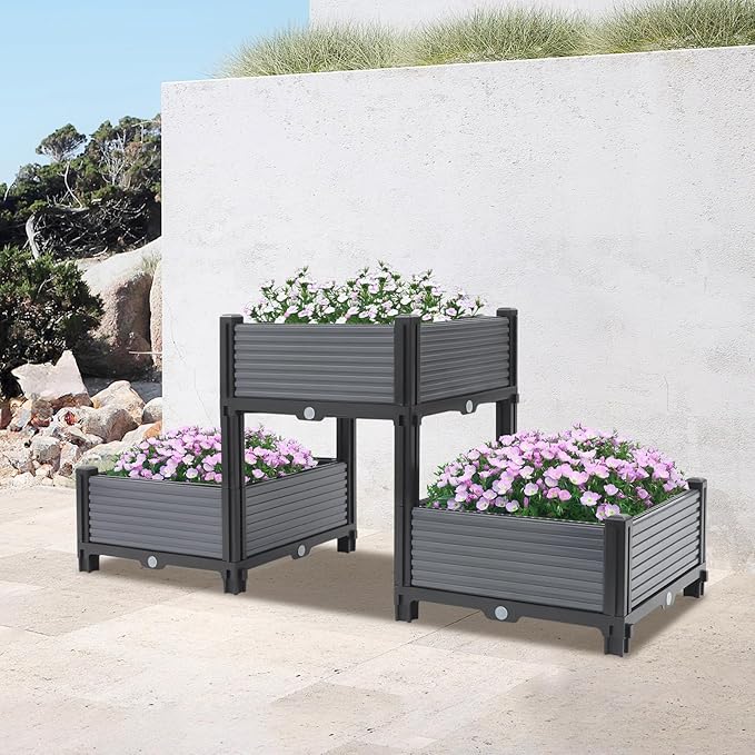 Planter Raised Beds Plastic Elevated Planter Box Boxes Modern Raised Garden Bed with Reinforced Support Rods for Vegetables Flowers Balcony Patio Gardening Black &amp Gray