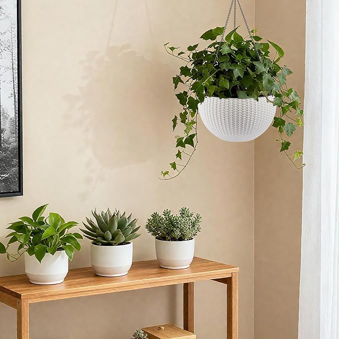 13.4 inch Self Watering Hanging Rattan Planter Large Capacity Root Rot Resistant Water Storage with Water Level Indicator Dual Use for Indoor Balcony Decoration (Pack of 2 White)