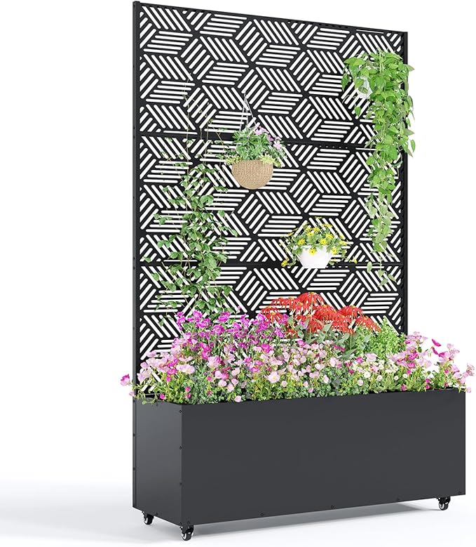 Large Metal Raised Garden Bed Planter Box with Trellis – Deep 15.7 Movable Outdoor Flower Box Privacy Screen Drainage Holes – 118x40x180cm Mosaic Design with Wheels