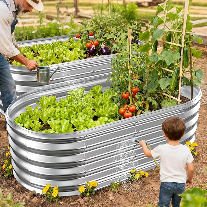 17 Tall Outdoor Garden Raised Garden Bed Kits 4ft X 2ft Oval0.8MM Thick Metal Raised Planter Bed/Ground Planter Box for Variety of FlowersHerbsVegetables (Silver 48X24X16.5 Inches)