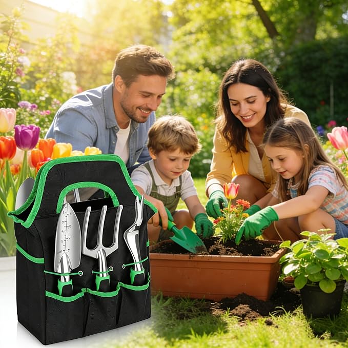 8-Piece Garden Tool Set with Storage Bag Heavy Duty Stainless Steel Gardening Tools Non-Slip Handles Includes Pruner Trowel Cultivator Weeder Gloves Green