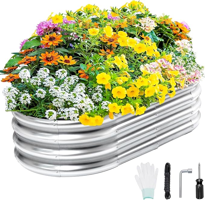 Galvanized Raised Garden Bed Outdoor 4x2x1ft Large Planter Raised Bed Kit with Safety Edging and Gloves Stainless Metal Raised Planter Box for Gardening Vegetables Herb Fruits Flowers