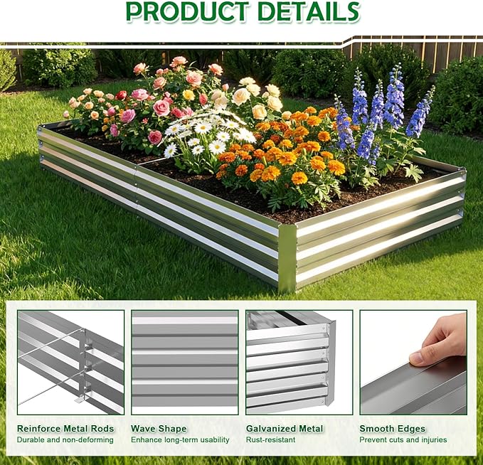 2PCS 8x4x1FT Galvanized Raised Garden Bed Outdoor Patio Large Rectangular Metal Planter BoxesPlant Container Kit for Gardening Vegetables Flowers HerbsSilver