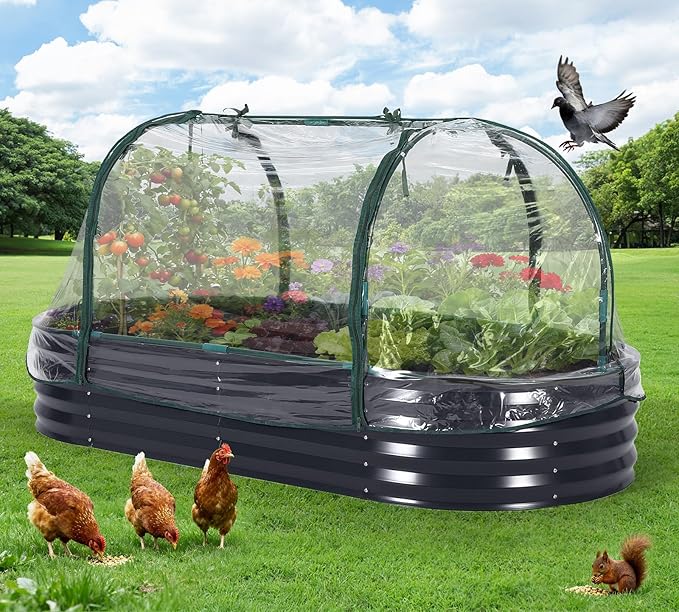 Large Oval Galvanized Raised Garden Bed Kit with Protective Cover Open Base Steel Planter Box with Zippered Screen Doors Easy Assembly Outdoor Raised Bed for Vegetables Flowers Gray