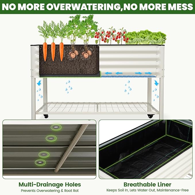 Elevated Raised Garden Bed 2' x 4' - Galvanized Planter Boxes with Legs Wheels and Storage Rack Outdoor Planters for Backyard/Patio/Balcony with Drainage Holes for Vegetables Flowers Herbs White