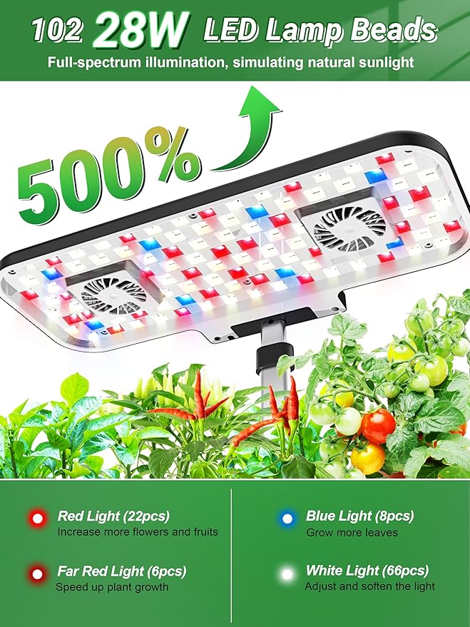 Hydroponics Growing System Kit 17 Pods Herb Garden with 102 28W Full-Spectrum Grow Lights &amp 2 Fans Indoor Garden with Water Pump 10L Water Tank Auto Timer Height Adjustable (Black &amp Grey)