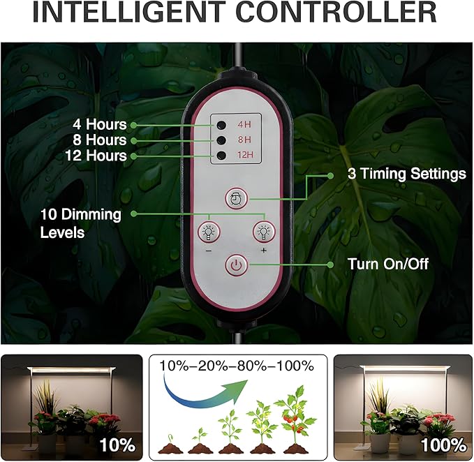 Grow Light Stand with Aluminum Alloy Frame 60W High-Power Full Spectrum Plant Grow Lights for Indoor Plants 4/8/12H Timer 10 Dimmable Levels Adjustable Height Ideal for Seedlings