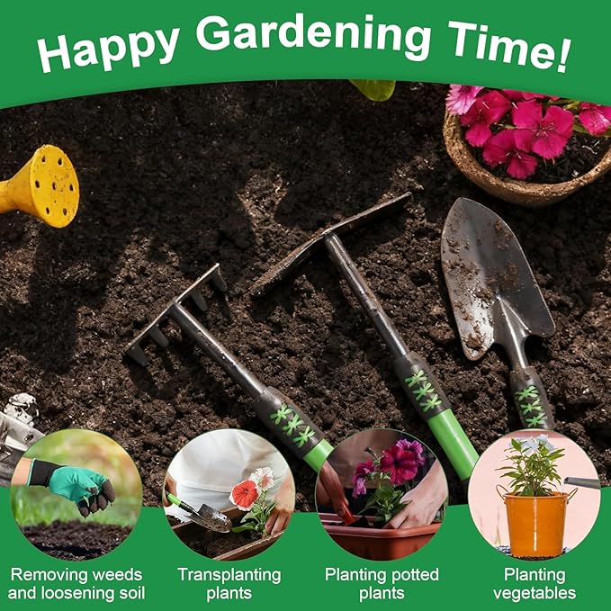 Garden Tool Set 4 Pack Gardening Tools Stainless Steel Heavy Duty Hand Cultivator Hoes Shovel for Planting Weeding Digging Gardening Gifts for Women Green
