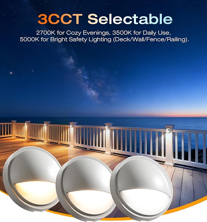 CLOUDY BAY [12 Pack] 3CCT Low Voltage LED Deck Lights Outdoor2700K/3500K/5000K SelectableLandscape Step Stair Railing Fence Light Wired3W12V-24V AC/DC Deck Lighting FixturesWhite