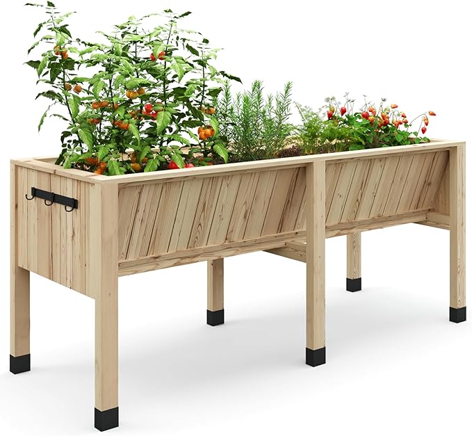 IDEALHOUSE Raised Garden Beds Outdoor 72x26x31 Inch Wooded Raised Planter Box with Legs Elevated Garden Bed with Hooks 13.7 Inch Depth 300 Lbs Capacity for Balcony Patio and Backyard Natural
