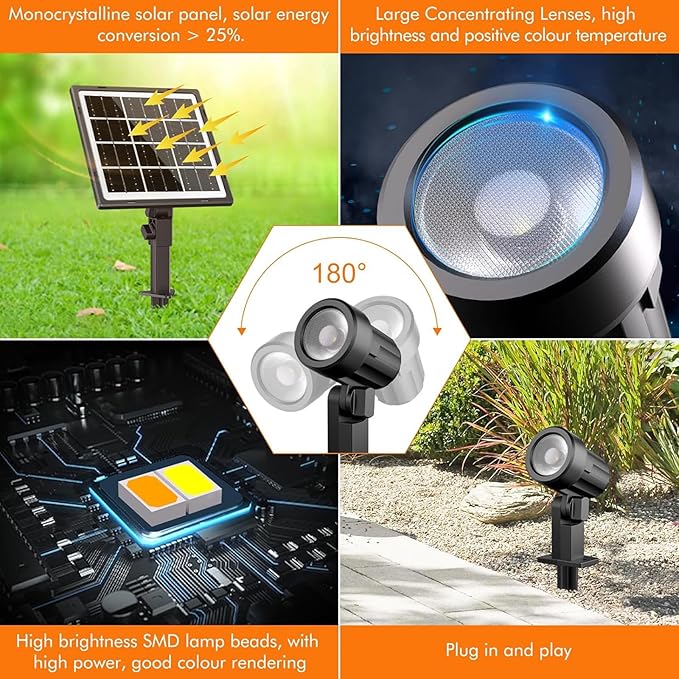 MEIHUA Solar Spotlights Outdoor 2 in 1 Solar Powered Landscape Spotlights 2700K/4000K/6500K 3 Brightness with Remote Control IP66 Waterproof Solar Spot Lights Outdoor for Garden Pathway