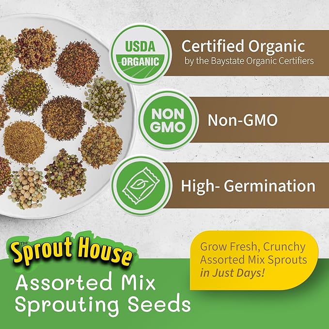 The Sprout House Assorted Mix Sprouting Seeds - Grow Fresh Sprouts &amp Bean Sprouts at Home Organic Non-GMO Nutrient-Packed for Salads Sandwich &amp Smoothies Premium 12 Pack | 2 oz Each