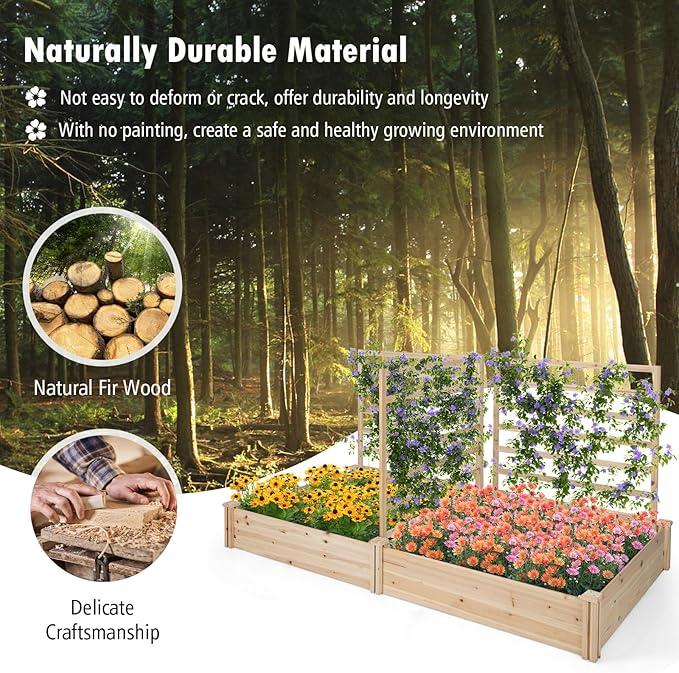 Raised Garden Bed with 3 Trellis &amp 2 Planter Boxes 88”L x 45”W x 43”H Outdoor Rectangular Raised Beds Wooden Gardening Planter for Climbing Vines Flowers Herbs Vegetables Fruits