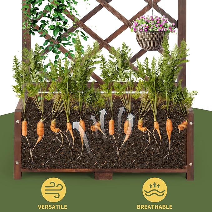 Wood Planter Raised Garden Bedwith Trellis29.5 x 16.9 x 67'' Outdoor Raised Garden Bed with Drainage Holes Free-Standing Trellis Planter Box for Vine Climbing Flowers in Garden