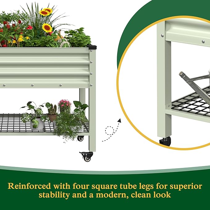 VEIKOU 48x24x34in Galvanized Steel Raised Garden Bed for Outdoor with Shelf and Casters Drainage Holes Detachable Liner Steel Planter Box for Gardening 507 lbs Capacity Cream White