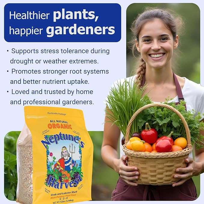 Neptune’s Harvest Organic Crab &amp Lobster Shell Multi-Purpose Plant Food (5-3-0) - 12 LB Resealable Bag - Rich in Nutrients Soil Fertilizer - Plant Food for Lawns Gardens and Vegetables