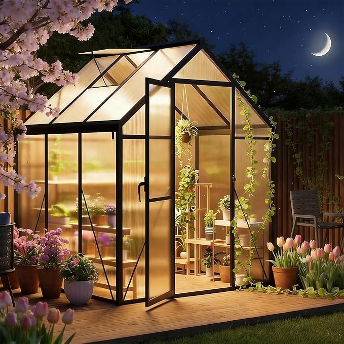 6x6 FT Greenhouse Greenhouses for Outside Polycarbonate Greenhouse with Aluminum Frame Lockable Door and Ajustable Roof Vent for Backyard Green Houses for Outside Garden Backyard Patio