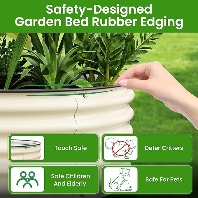 17'' Tall Round Raised Garden Bed Kit Outdoor Zinc-Aluminum-Magnesium Metal Flower Beds Stainless Steel Patio Ground Planter for Planting Vegetables (Ivory)